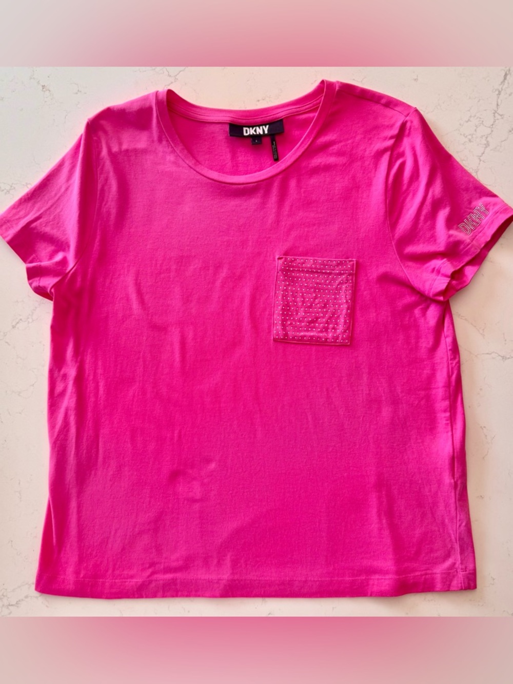 DKNY Hot Pink Studded Pocket Tee Size Large Short Sleeve Top